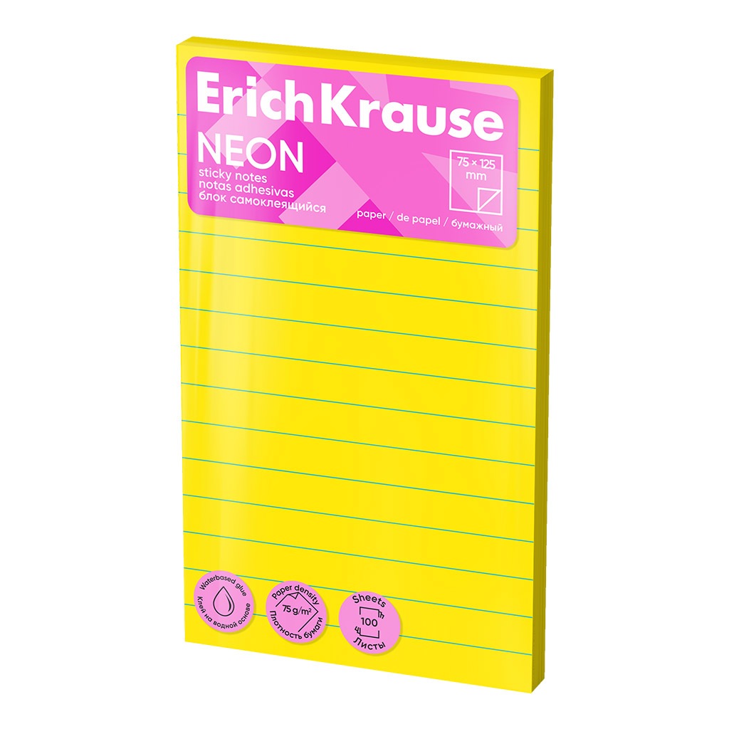 Блок самоклеящийся бумажный ErichKrause Neon, 75х125 мм, 100 листов, ассорти