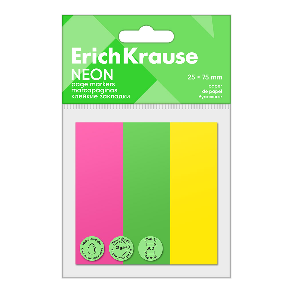 Клейкие закладки бумажные ErichKrause Neon, 25x75 мм, 300 листов, 3 цвета