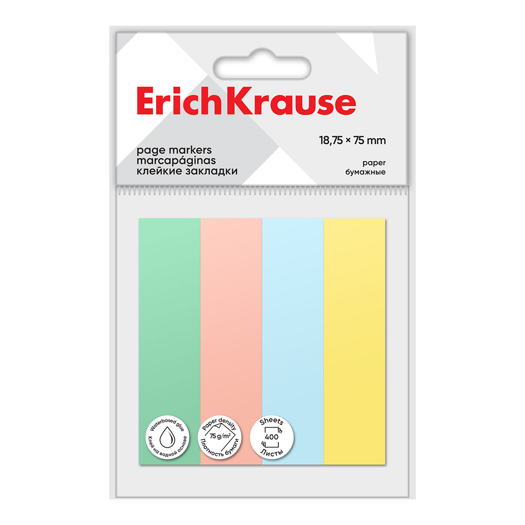 Клейкие закладки бумажные ErichKrause, 18.75x75 мм, 400 листов, 4 цвета