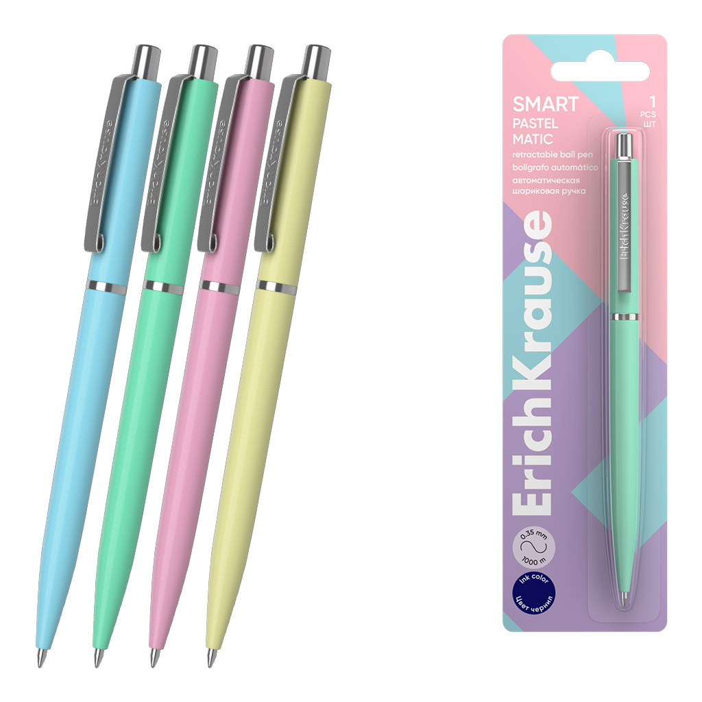 Ручка шариковая автоматическая ErichKrause Smart® Matic Pastel 0.7, Super Glide Technology, цвет чернил синий (в блистере по 1 шт.)