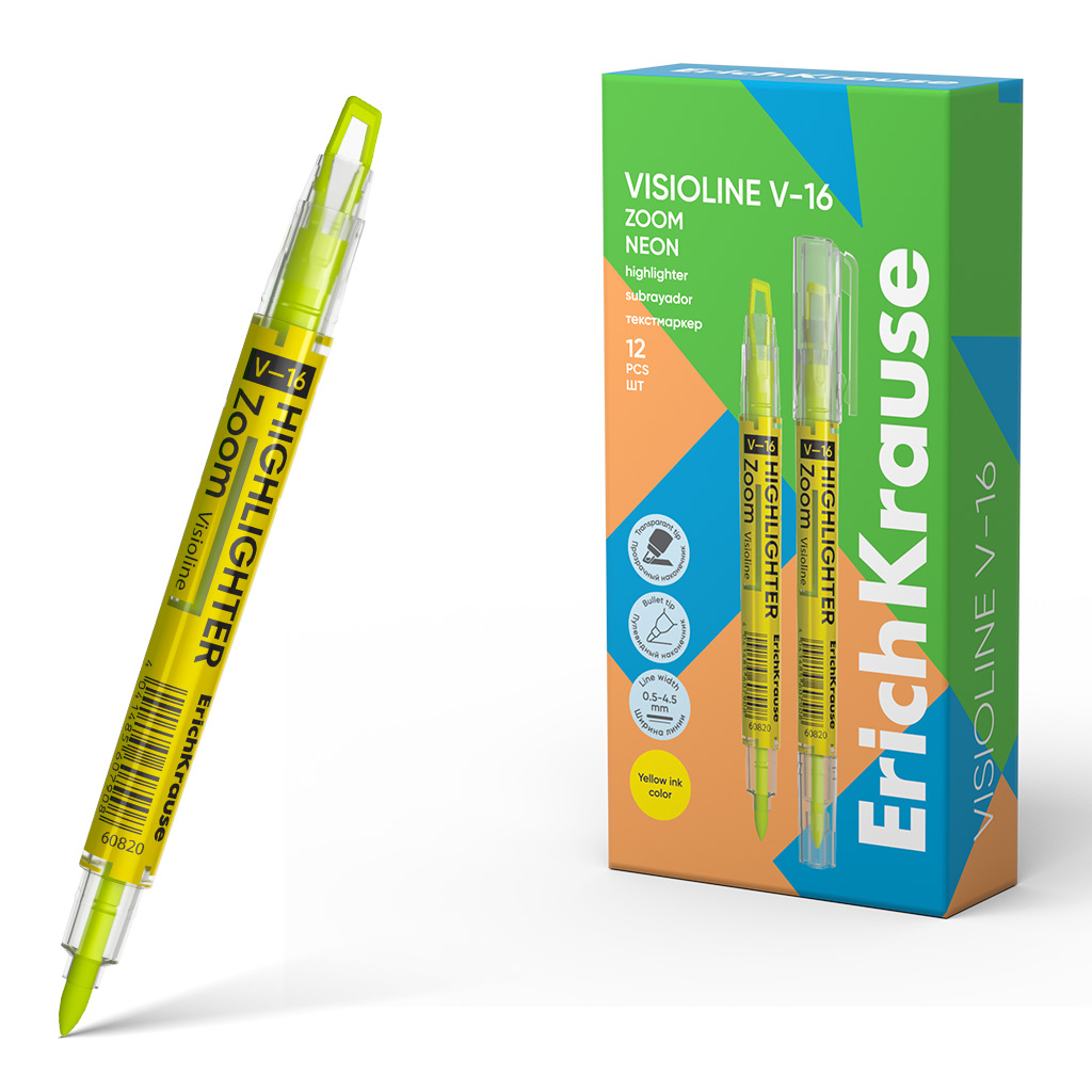 Текстовыделитель EK Visioline V-16 Zoom Neon 0,5 - 4,5мм, желтый, двухсторонний