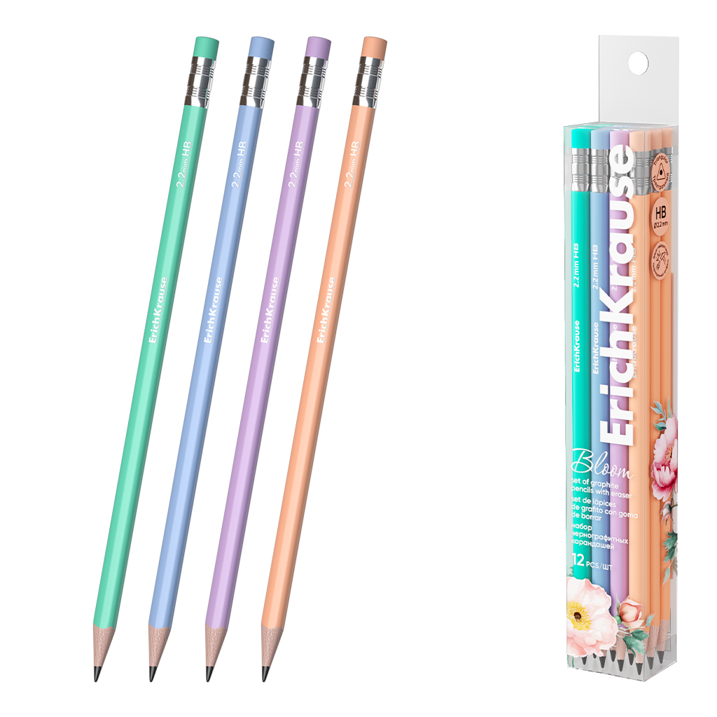 Набор из 12 чернографитных карандашей ErichKrause Pastel Bloom, трехгранных , с ластиком, HB (в пэт-боксе)