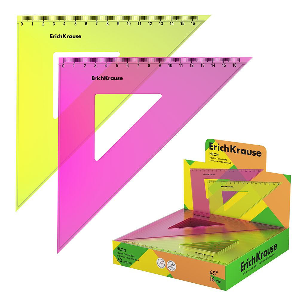 Угольник пластиковый ErichKrause Neon, 45°/16см, ассорти (в коробке-дисплее по 30 шт)