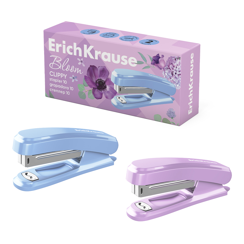 Степлер №10 ErichKrause Clippy Pastel Bloom до 15 листов,ассорти (в коробке по 1 шт.)