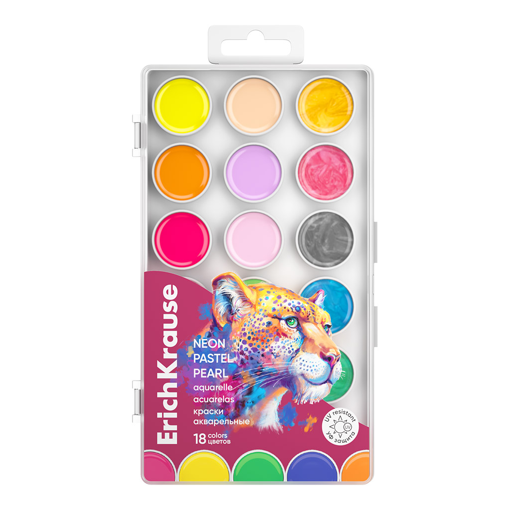 Краски акварельные ErichKrause Safari Neon+Pastel+Pearl с УФ защитой яркости 18 цветов (в пластиковой коробке с европодвесом)