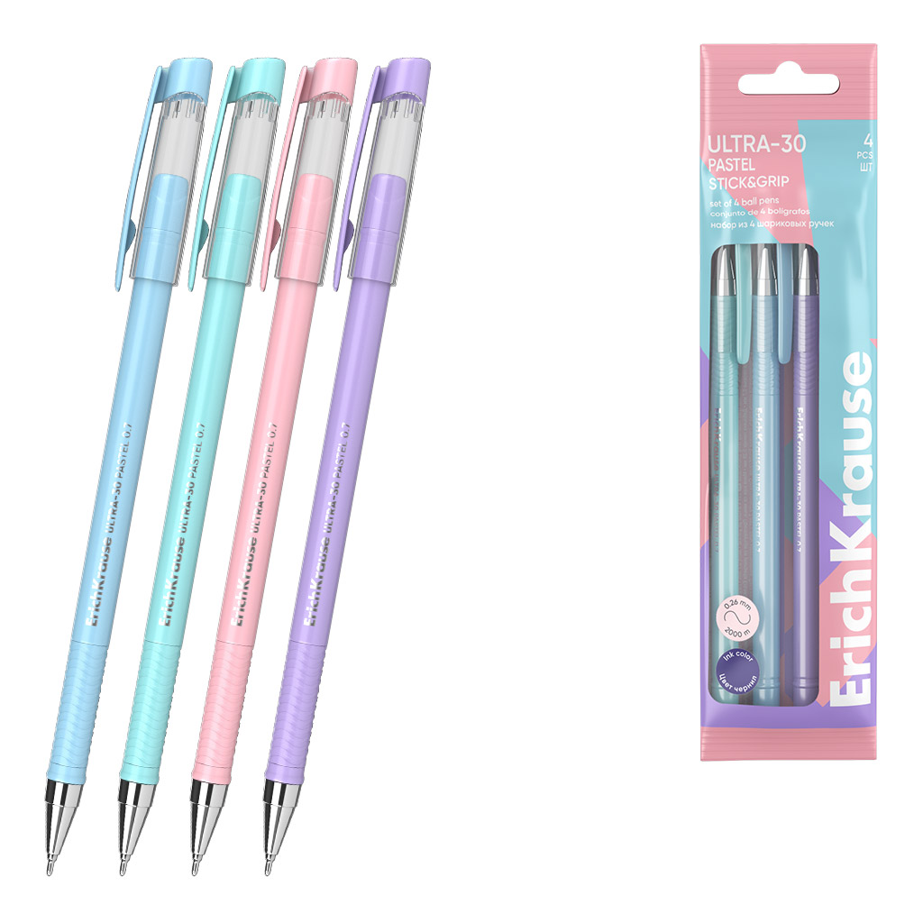 Набор из 4 ручек шариковых ErichKrause ULTRA-30 Stick&Grip Pastel 0.7, Super Glide Technology, цвет чернил синий (в пакете)