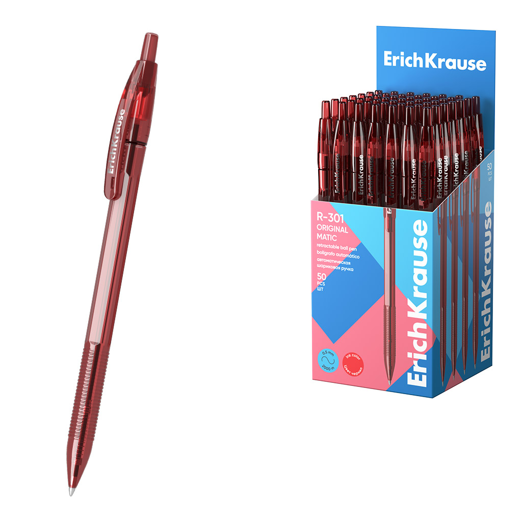 Ручка шариковая автоматическая ErichKrause R-301 Matic Original 1.0, цвет чернил красный (в коробке по 50 шт.)