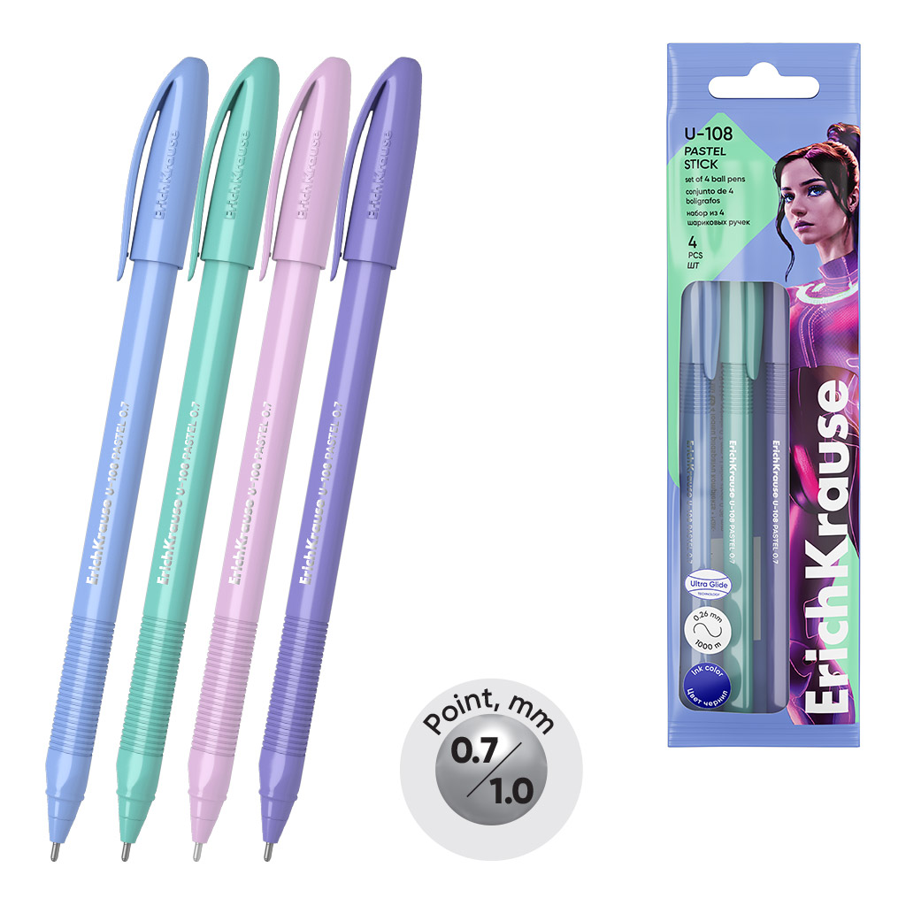 Набор из 4 ручек шариковых ErichKrause U-108 Stick Pastel 0.7, Ultra Glide Technology, цвет чернил синий (в пакете)