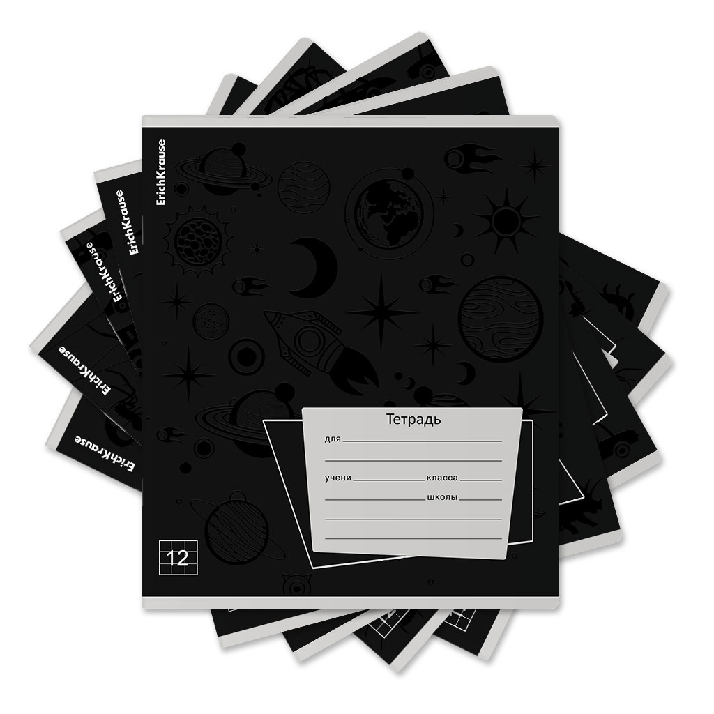 Тетрадь школьная ученическая ErichKrause Black Pattern, 12 листов, клетка, выборочный УФ-лак (в плёнке по 10 шт.)_MIX-PACK