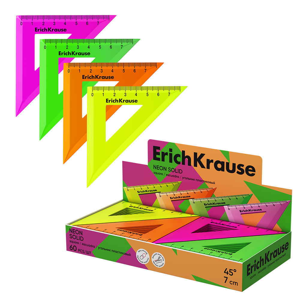 Угольник пластиковый ErichKrause Neon Solid, 45°/7см, ассорти (в коробке-дисплее по 60 шт)