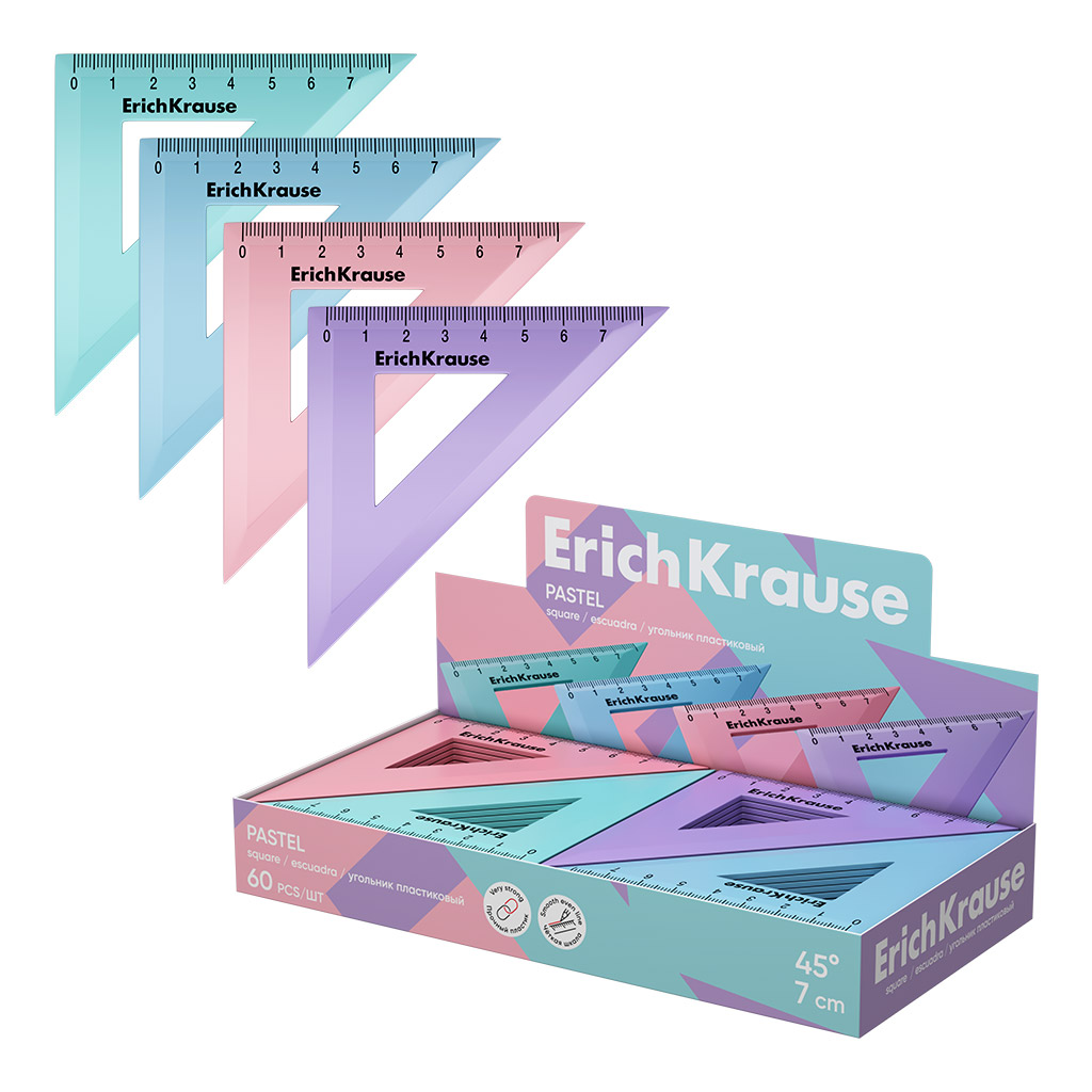 Угольник пластиковый ErichKrause Pastel, 45°/7см, ассорти (в коробке-дисплее по 60 шт)