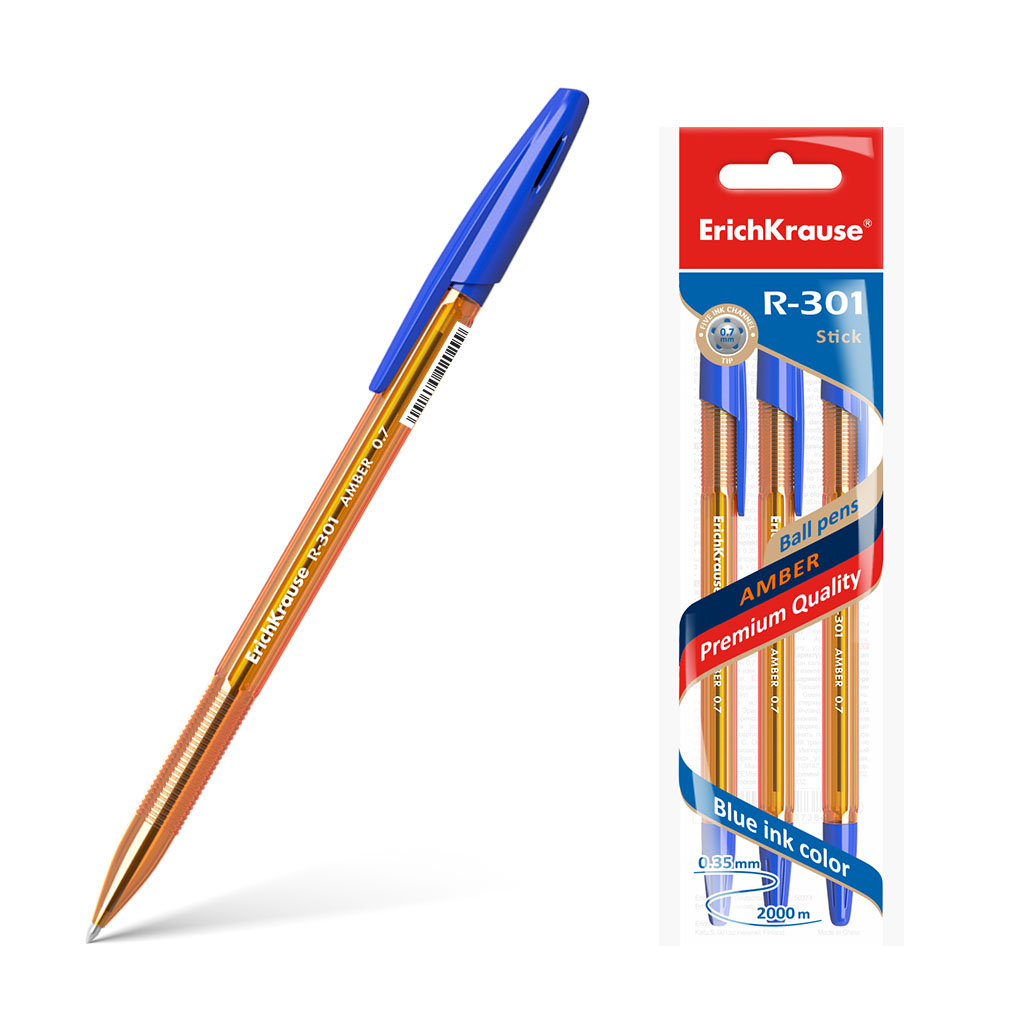 Набор из 3 ручек шариковых ErichKrause R-301 Stick Amber 0.7, цвет чернил синий (в пакете)