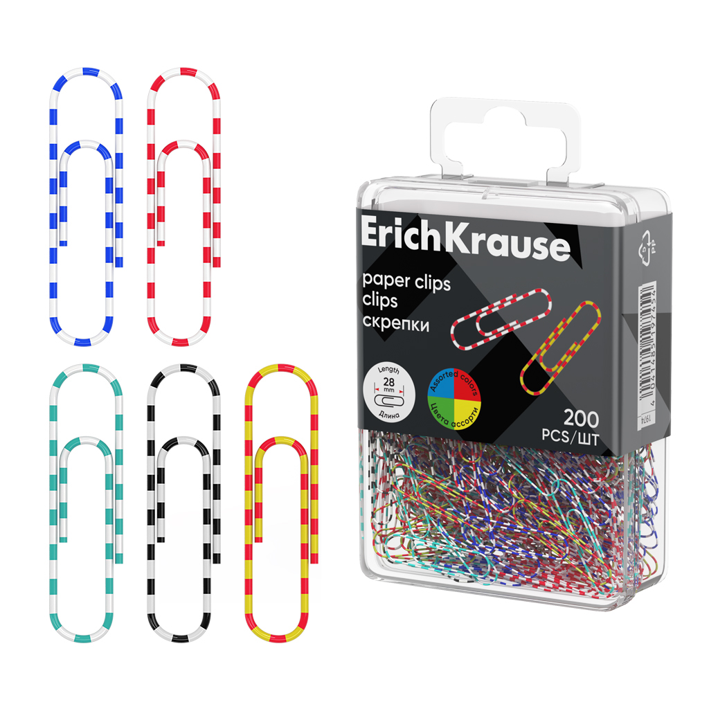 Скрепки металлические с виниловым покрытием ErichKrause Zebra, 28мм, ассорти (в пластиковой коробке по 200 шт.)