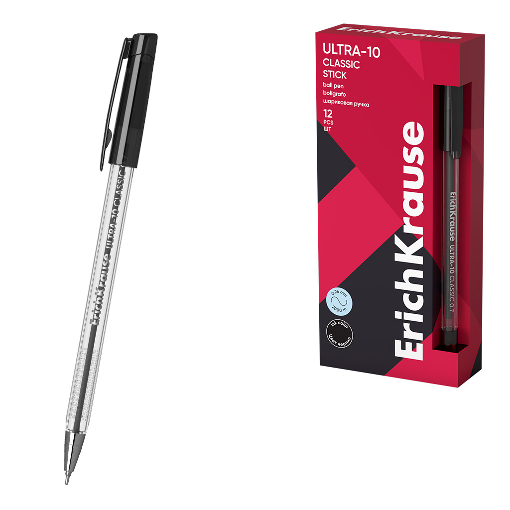 Ручка шариковая ErichKrause ULTRA-10 Stick Classic 0.7, Super Glide Technology, цвет чернил черный (в коробке по 12 шт.)
