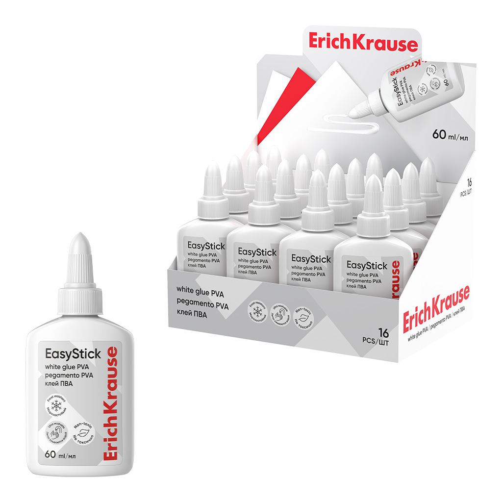 Клей ПВА ErichKrause EasyStick, 60мл (в дисплее по 16 шт.)