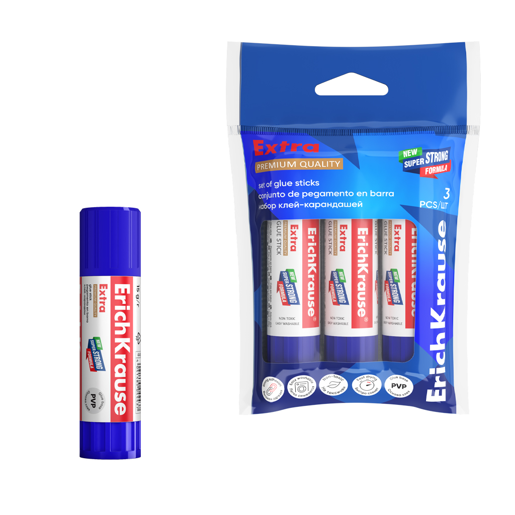 Набор 3 клея-карандаша ErichKrause Extra, 15г (в пакете)