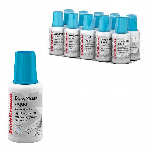 Корректирующая жидкость с кисточкой ErichKrause EasyMask Aqua, на водной основе, 20г (в пластиковом поддоне по 10 шт.)