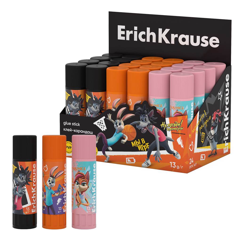 Клей-карандаш ErichKrause EasyStick «Ну, Погоди! Каникулы», 13г, ассорти (в коробке-дисплее по 24 шт.)