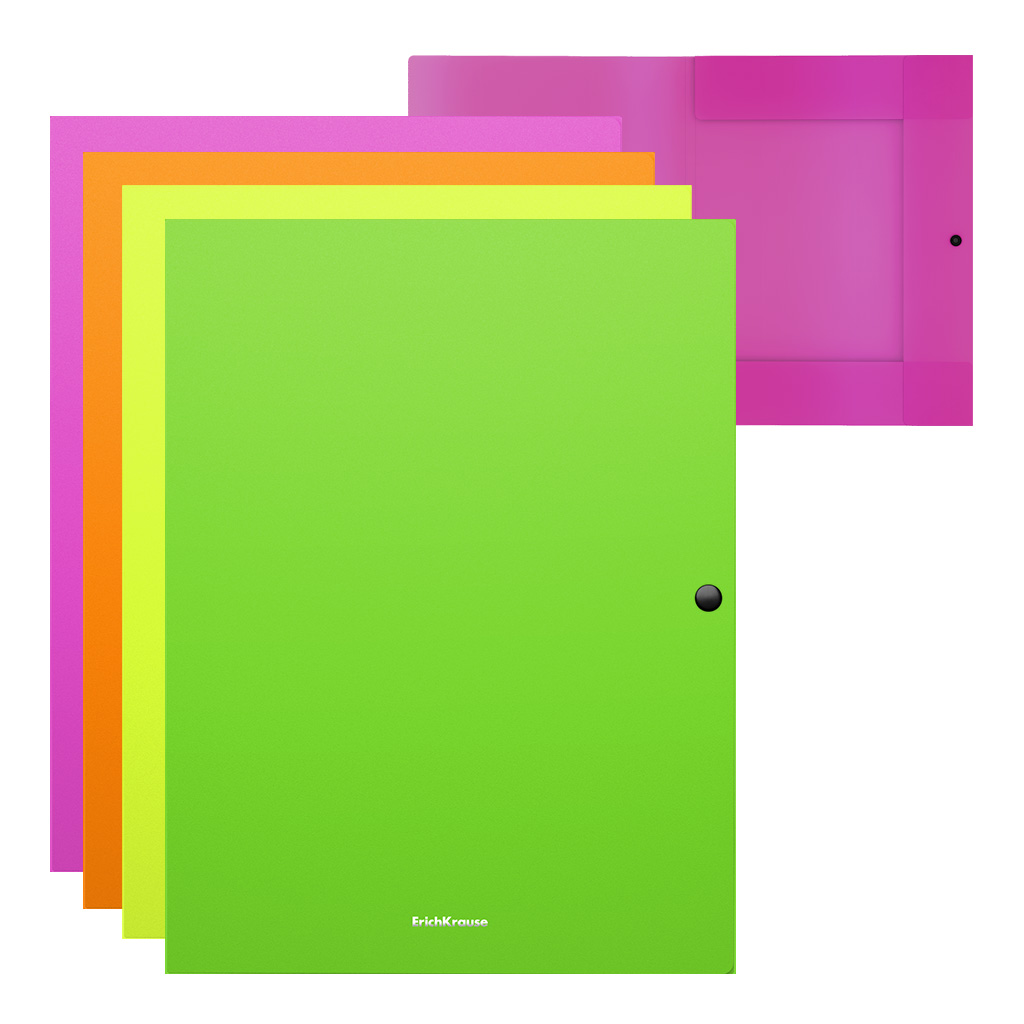 Папка на кнопке пластиковая ErichKrause Matt Neon, с 3 клапанами, 8мм, A4, ассорти (в пакете по 4 шт.)