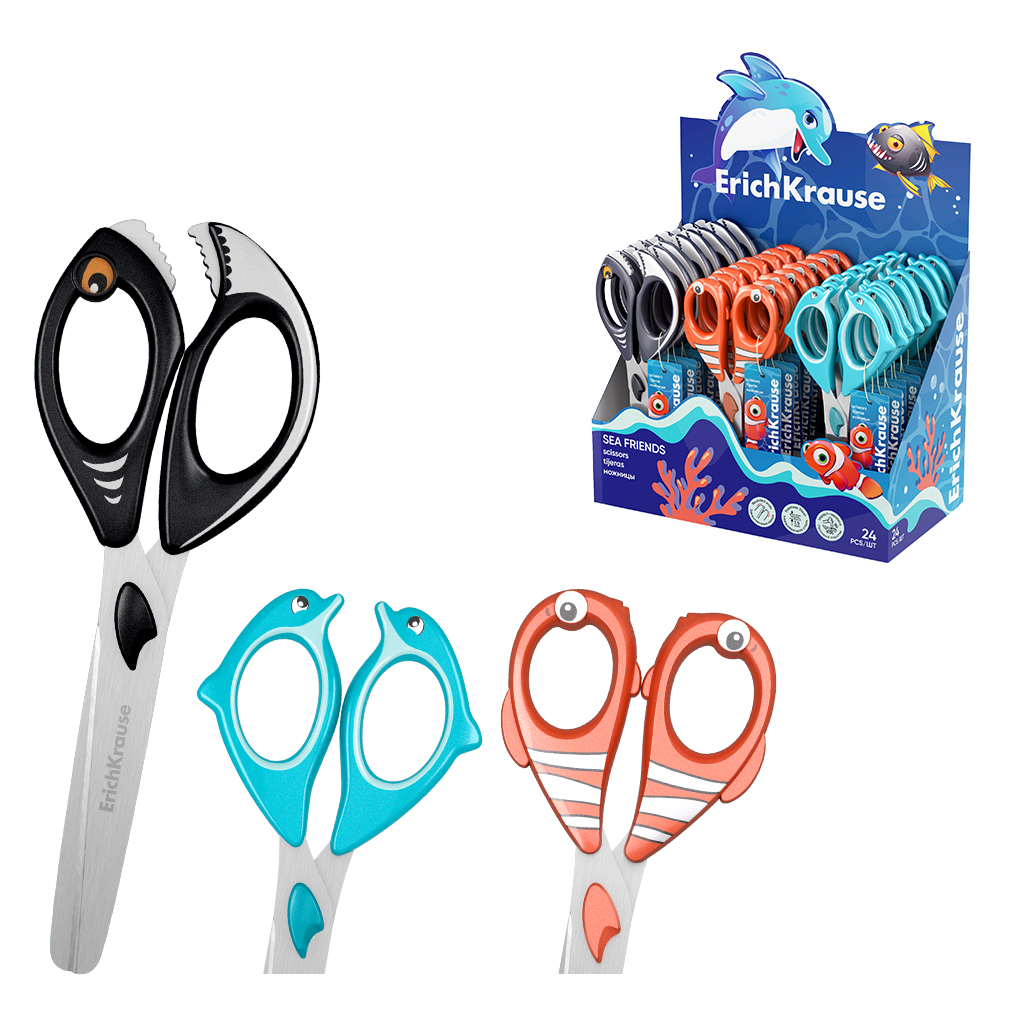 Ножницы ErichKrause Sea Friends, Dolphin, Clownfish, Piranha, 13.5, 14.5 см, ассорти (в дисплее по 24 шт.)