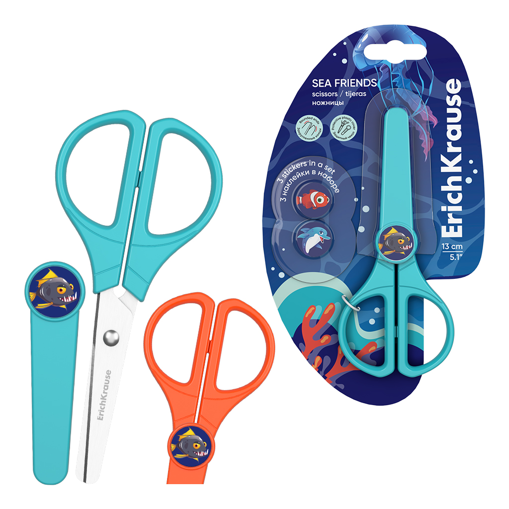 Ножницы ErichKrause Sea Friends Protect, с пластиковым чехлом и наклейками, 13 см, ассорти (в блистере по 1 шт.)