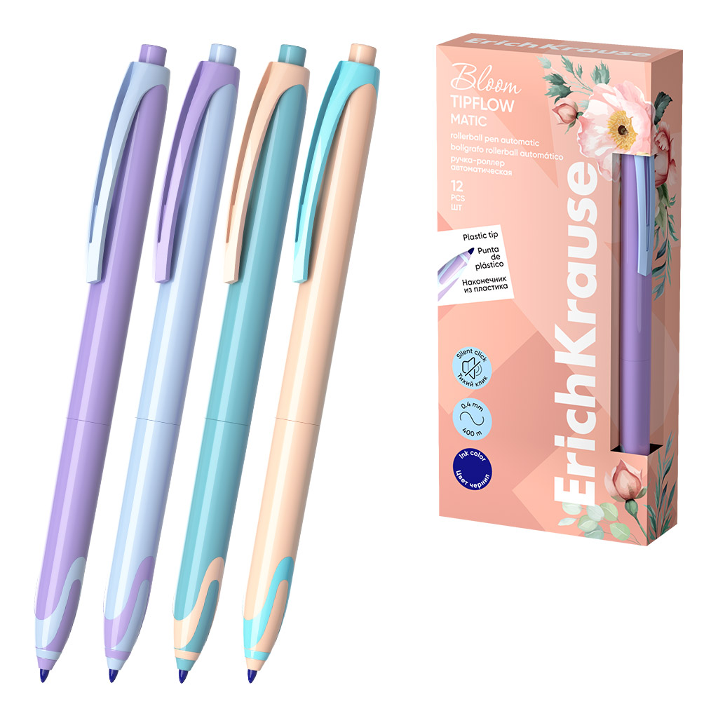 Ручка-роллер автоматическая ErichKrause TipFlow Matic Pastel Bloom 0.5, цвет чернил синий (в коробке по 12 шт.)