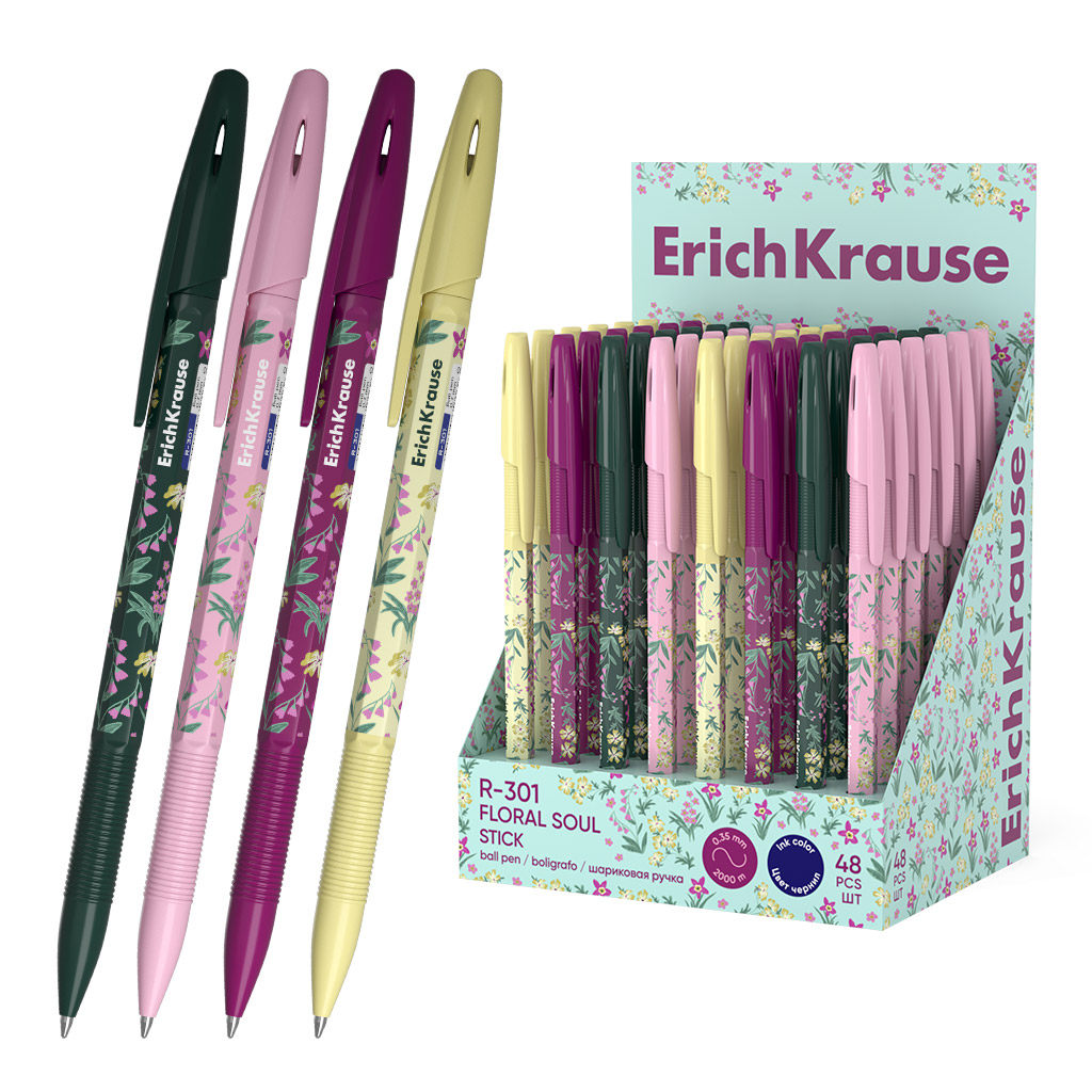 Ручка шариковая ErichKrause R-301 Stick Floral Soul 0.7, цвет чернил синий (в коробке-дисплее по 48 шт.)
