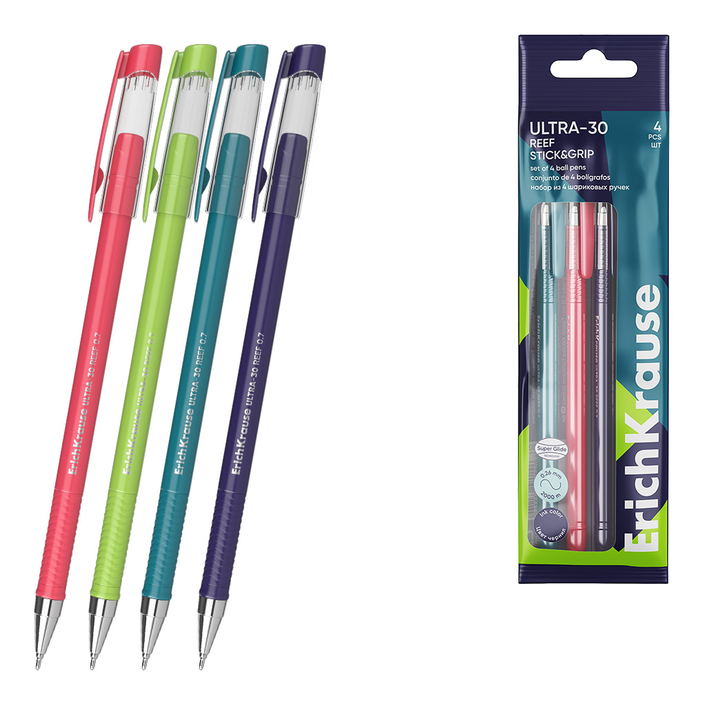 Набор из 4 ручек шариковых ErichKrause ULTRA-30 Stick&Grip Reef 0.7, Super Glide Technology, цвет чернил синий (в пакете)