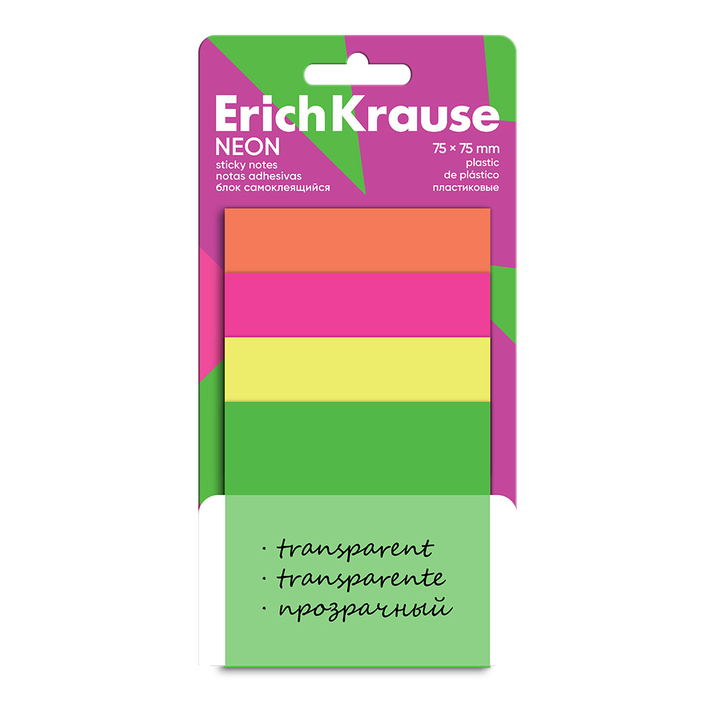 Блок самоклеящийся пластиковый ErichKrause Neon, 75х75 мм, 40 листов, 4 цвета