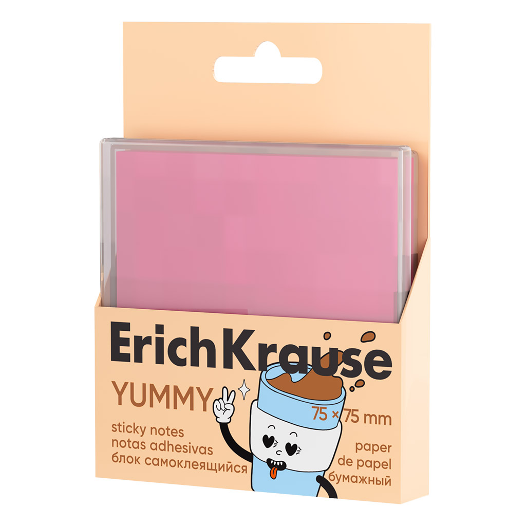 Блок самоклеящийся бумажный ErichKrause Yummy, 75х75 мм, 80 листов, розовый (в пластиковой коробке)