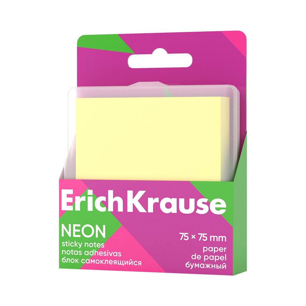 Блок самоклеящийся бумажный  ErichKrause Neon, 75х75 мм, 80 листов, желтый (в пластиковой коробке)