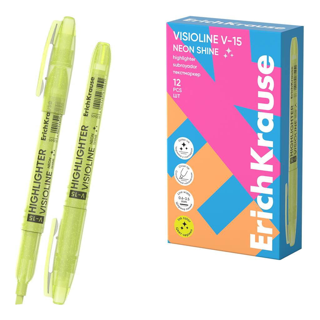 Текстмаркер ErichKrause Visioline V-15 Neon Shine, цвет чернил желтый (в коробке по 12 шт.)