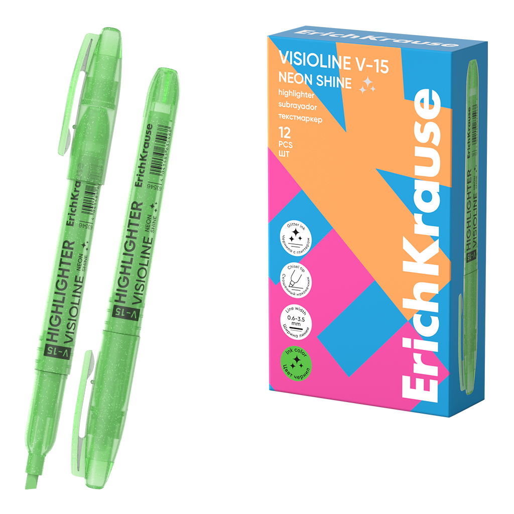 Текстмаркер ErichKrause Visioline V-15 Neon Shine, цвет чернил зеленый (в коробке по 12 шт.)