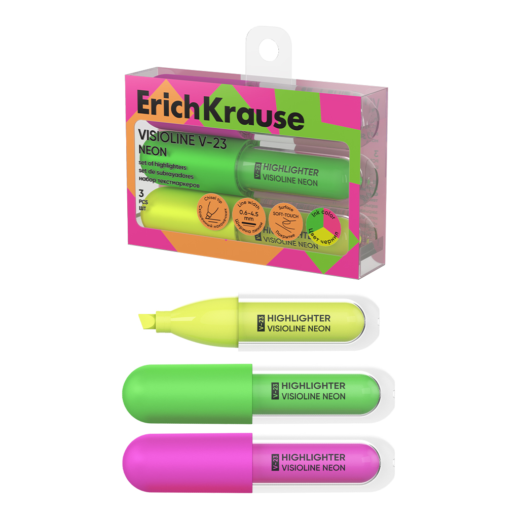 Набор из 3 текстмаркеров ErichKrause Visioline V-23 Neon, цвет чернил ассорти (в пэт-боксе)