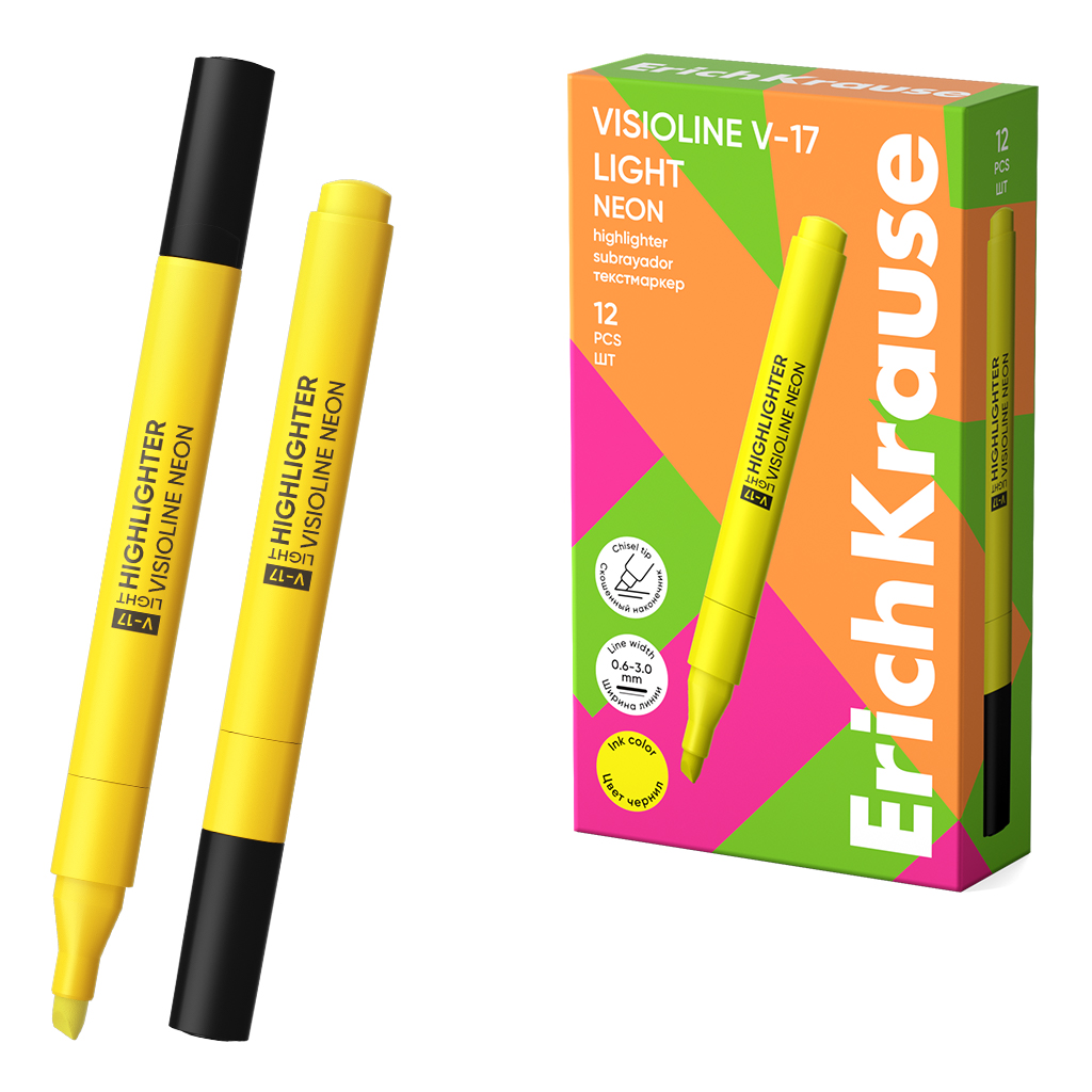Текстмаркер ErichKrause Visioline V-17 light Neon, цвет чернил желтый (в коробке по 12 шт.)