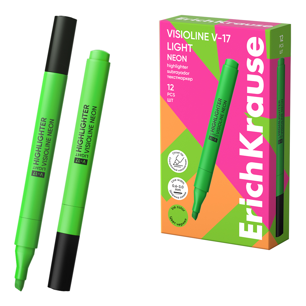 Текстмаркер ErichKrause Visioline V-17 light Neon, цвет чернил зеленый (в коробке по 12 шт.)