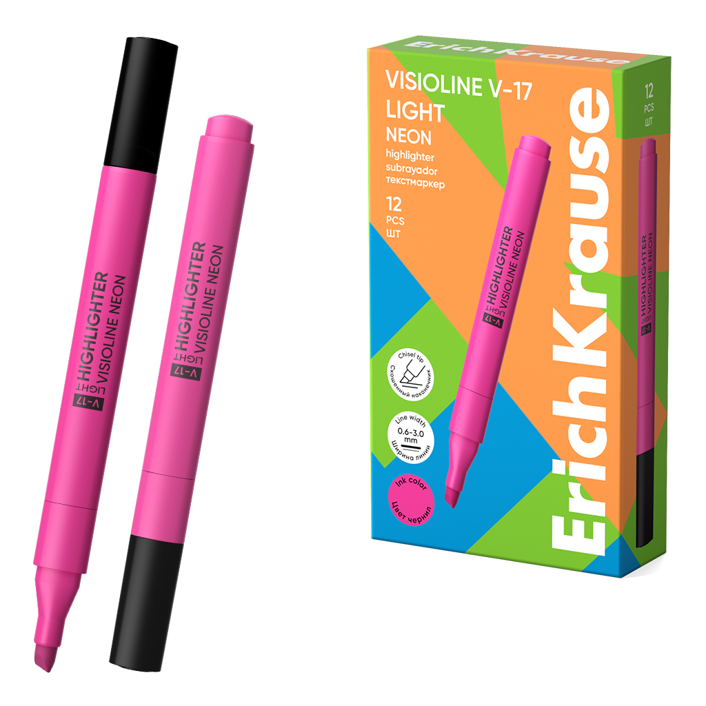 Текстмаркер ErichKrause Visioline V-17 light Neon, цвет чернил розовый (в коробке по 12 шт.)