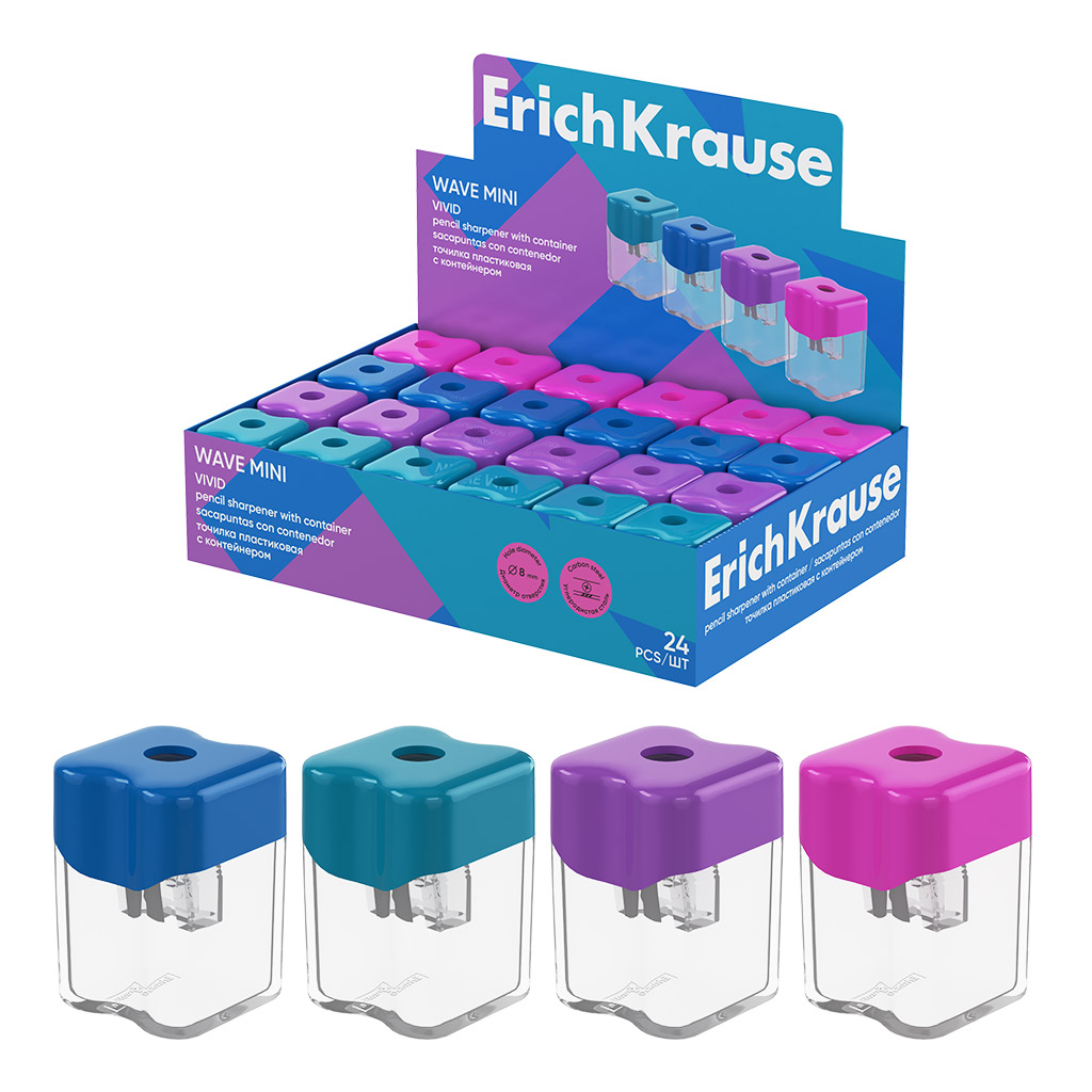 Точилка пластиковая ErichKrause Wave Mini, Vivid, с контейнером, ассорти (в коробке-дисплее по 24 шт)