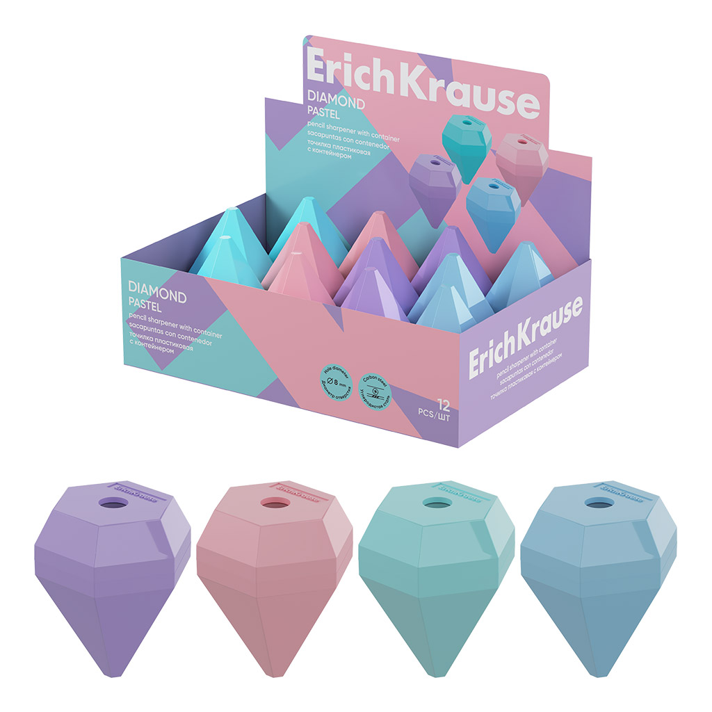 Точилка пластиковая ErichKrause Diamond, Pastel, с контейнером, ассорти (в коробке-дисплее по 12 шт)