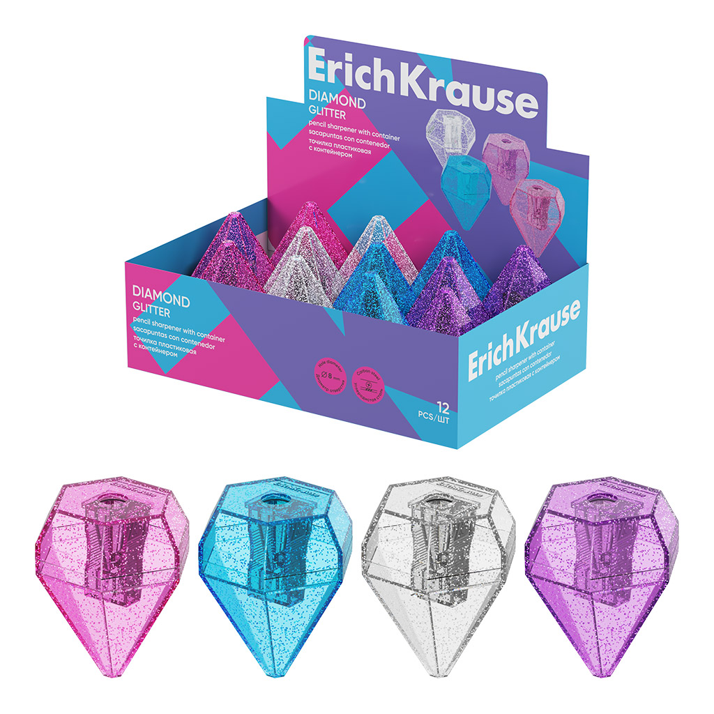 Точилка пластиковая ErichKrause Diamond, Glitter, с контейнером, ассорти (в коробке-дисплее по 12 шт)