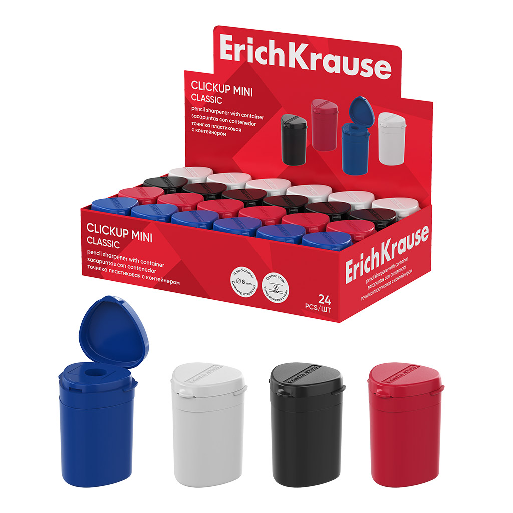 Точилка пластиковая ErichKrause ClickUp Mini, Classic, с контейнером, ассорти (в коробке-дисплее по 24 шт)