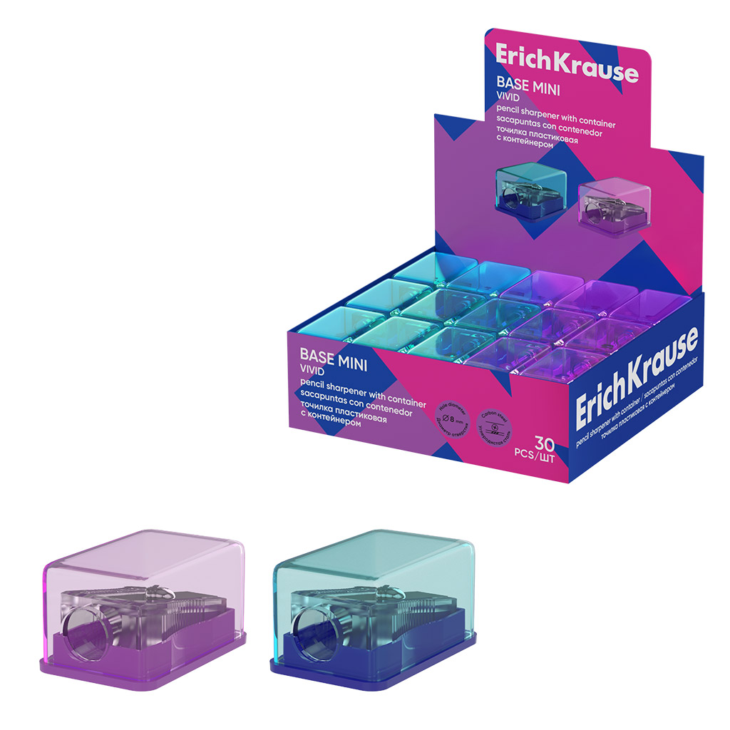 Точилка пласт. с контейнером  1 отв. Base Mini, Vivid, ассорти