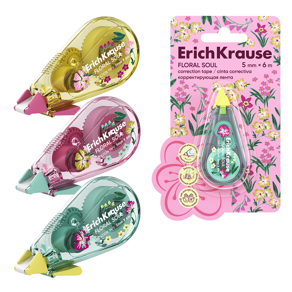 Корректирующая лента ErichKrause Floral Soul с печатью на корпусе, 5мм х 6м, ассорти (в блистере по 1 шт.)
