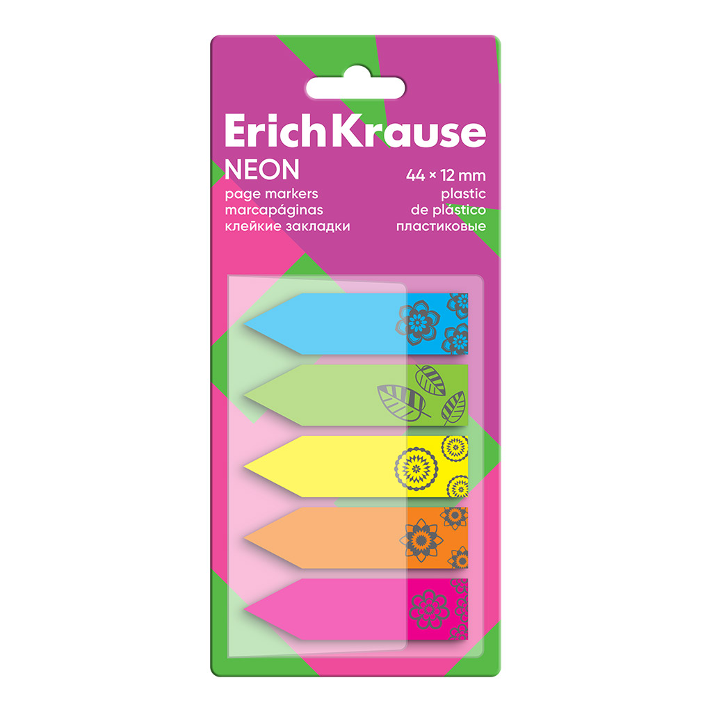Клейкие закладки пластиковые ErichKrause Neon, 44x12 мм, 100 листов, 5 цветов