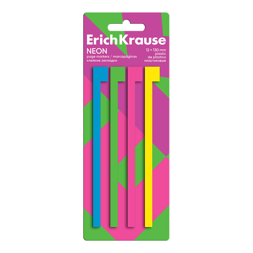 Клейкие закладки пластиковые ErichKrause Neon, 12х130 мм, 80 листов, 4 цвета