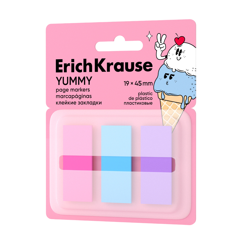 Клейкие закладки пластиковые ErichKrause Yummy, 19x45 мм, 60 листов, 3 цвета, (в диспенсере)