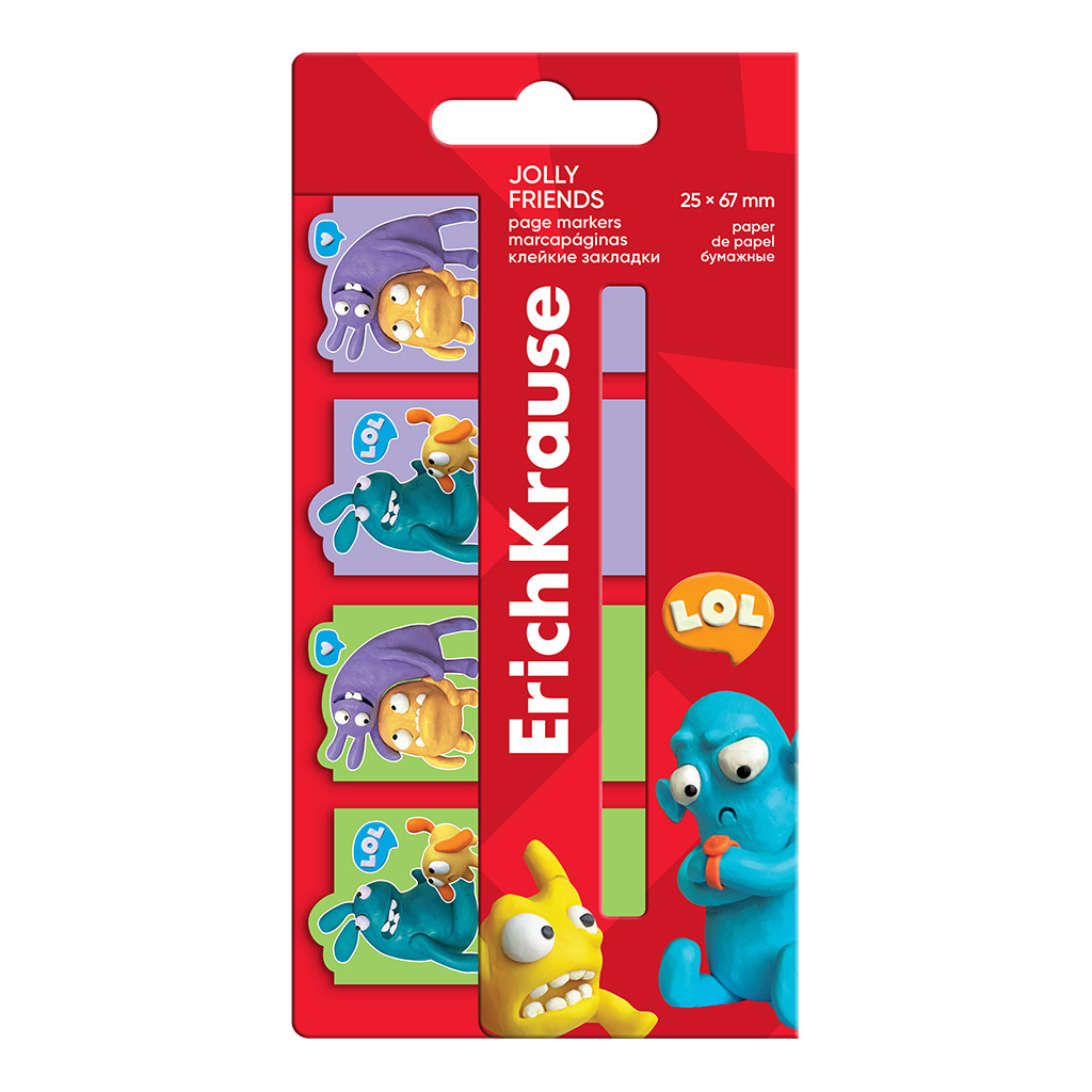 Клейкие закладки бумажные ErichKrause Jolly Friends, 25X67 мм, 80 листов