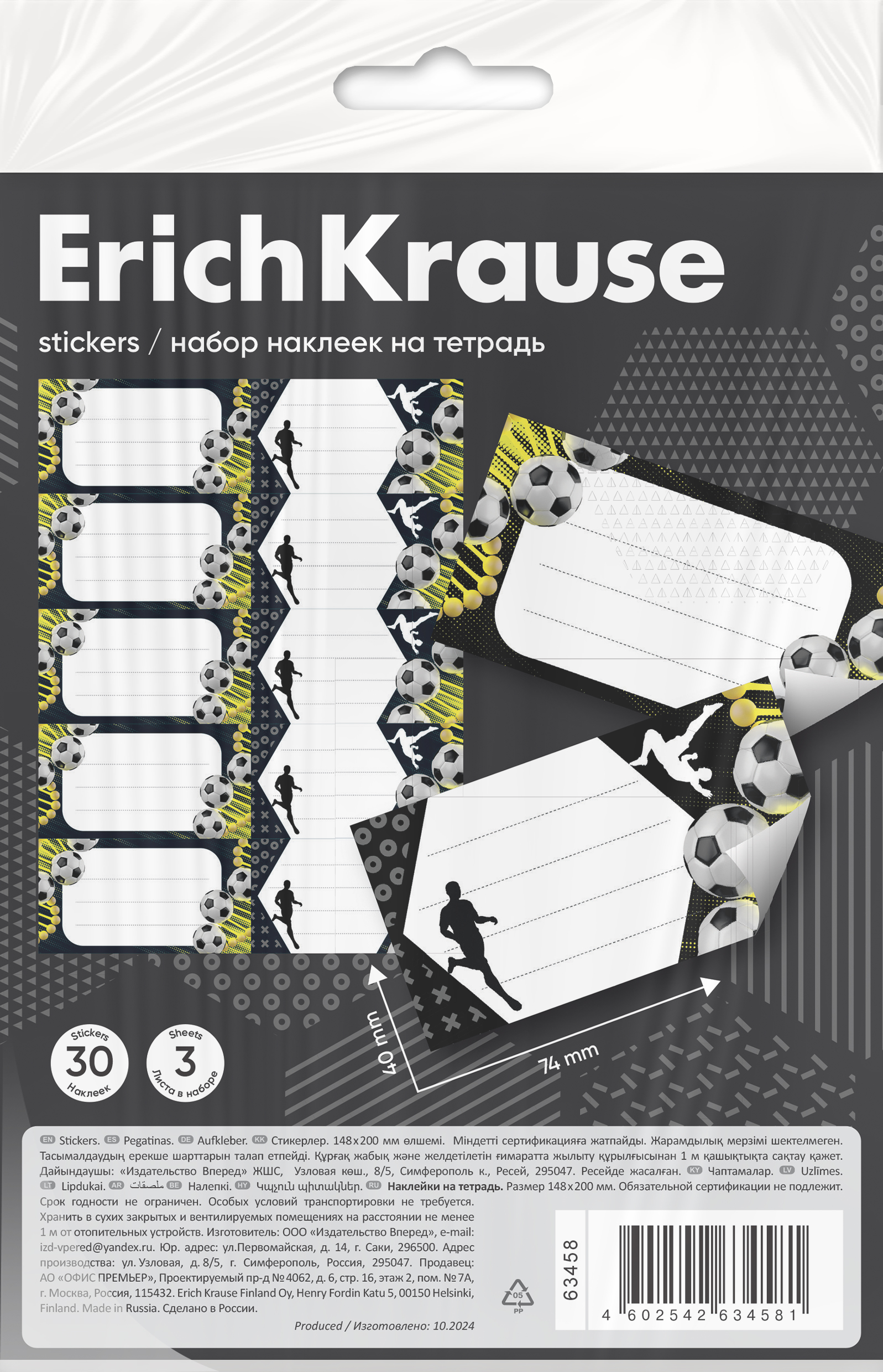 Наклейки на тетрадь ErichKrause Sport DNA, 3 листа, в пакете с европодвесом