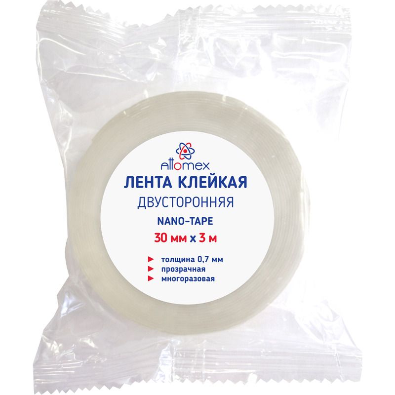Скотч 2 сторон. 30мм*3м МНОГОРАЗОВЫЙ, прозрачный, 0,7мм