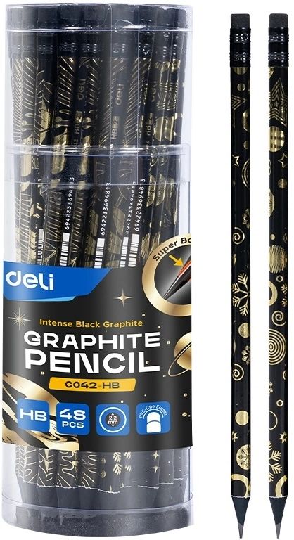 Карандаш Deli НB Golden flower texture круглый, ластик, липа, ассорти